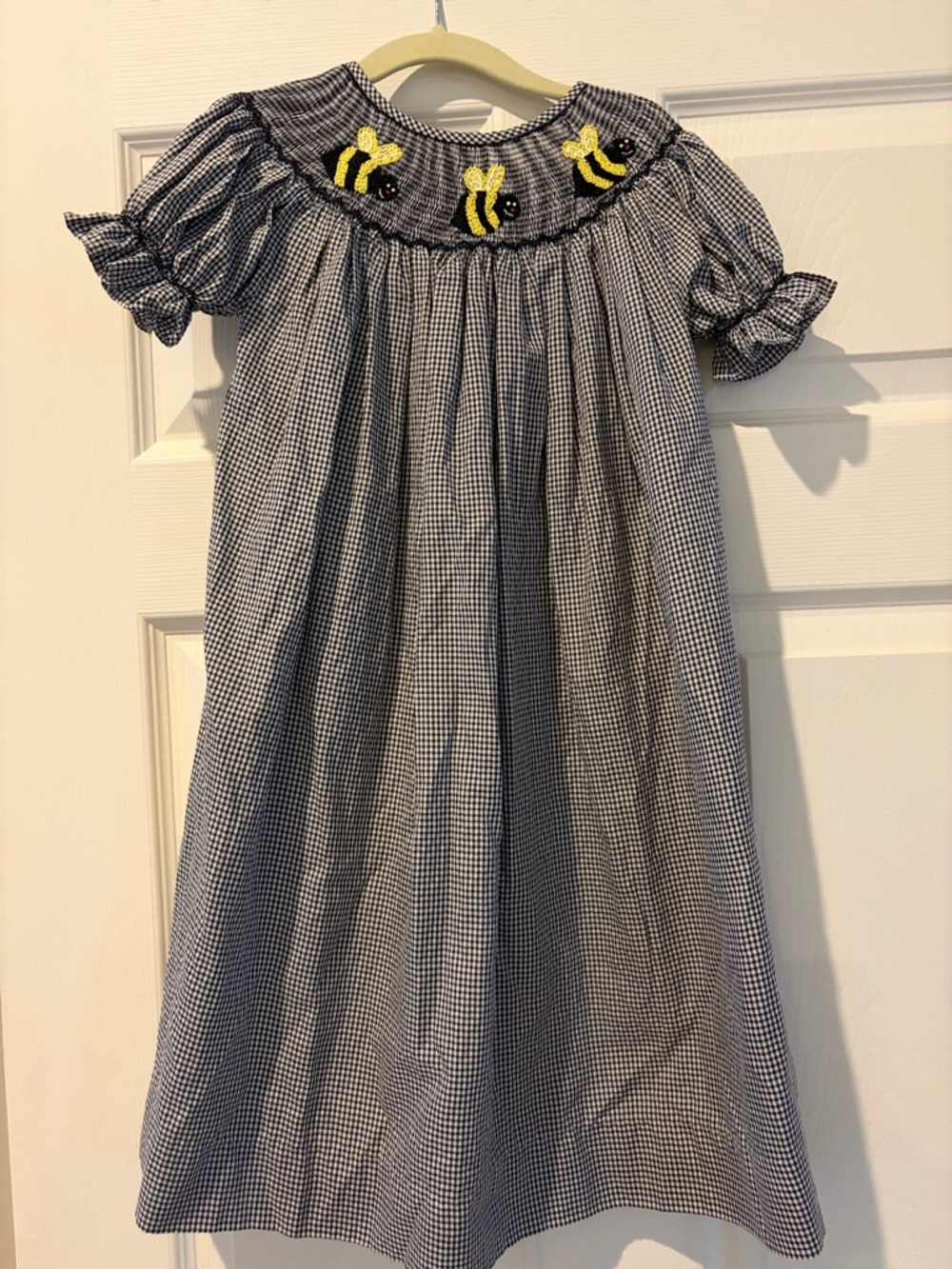 Black & White Gingham Bee Smocked Dress for Girls